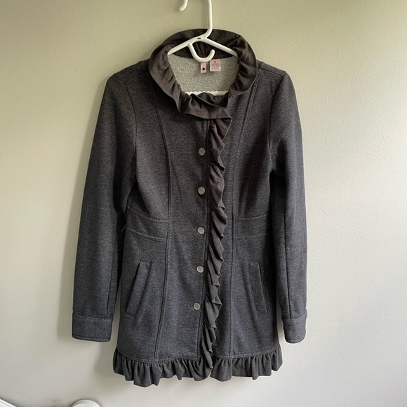 STELLA STARR GREY GRAY FITTED JACKET BUTTONS RUFFLE FLEECE LINED POCKETS - Picture 3 of 10